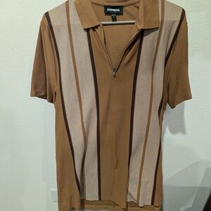 Express Men's Tan and Brown Striped Polo Shirt